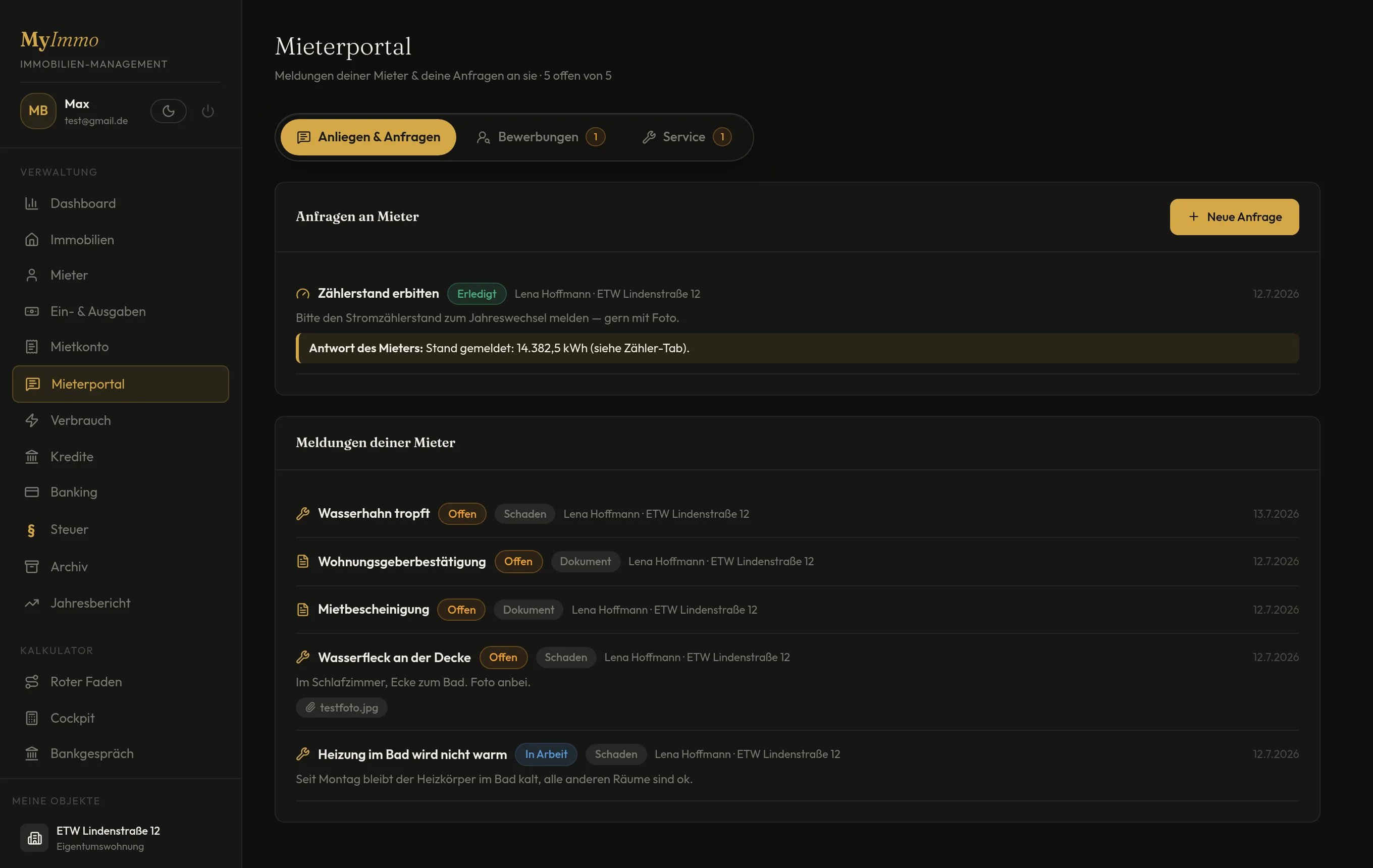 Mieterportal mit Anliegen, Anfragen und Meldungen der Mieter